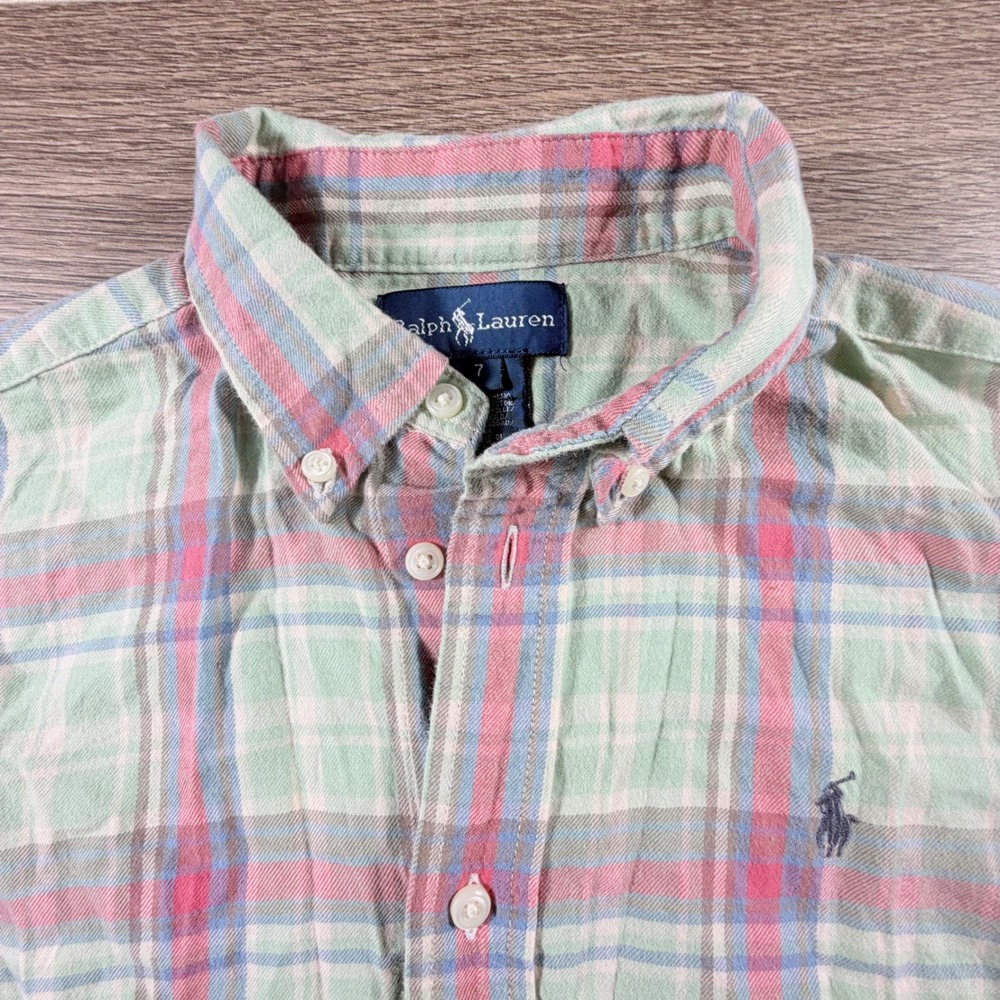 Ralph Lauren Boys Flannel Plaid Button Down Shirt Green Pink Size 7 Fall Preppy